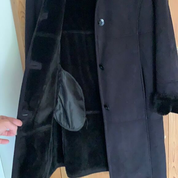 Gallery soft faux suede fur trim long overcoat - Picture 6 of 8